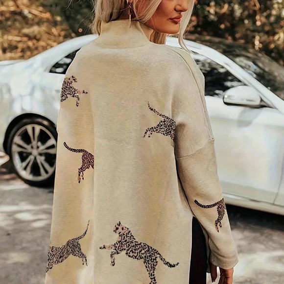 Apricot Casual Women's Mock Neck Leopard Print Long Sleeve Drop Shoulder Sweater - Picture 2 of 3